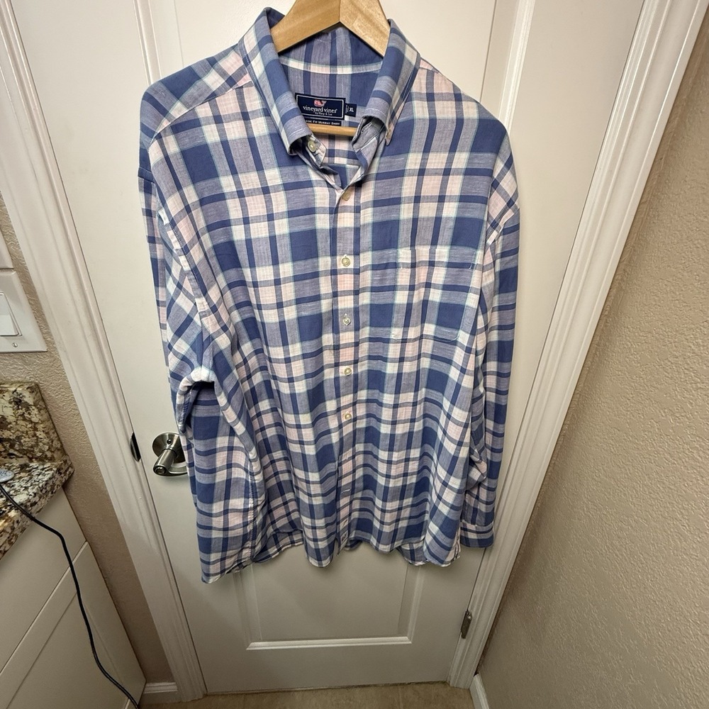 Vineyard Vines Classic Fit Murray Shirt XL Blue Pink Plaid Cotton Linen Button